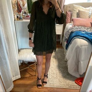 Green & Black Dotted Mid-Sleeve Dress